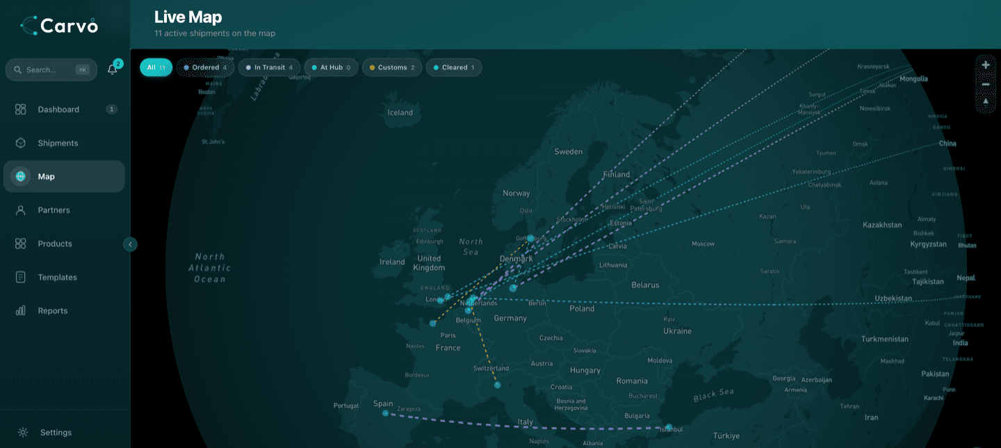 Live shipment tracking map with routes across Europe and Asia