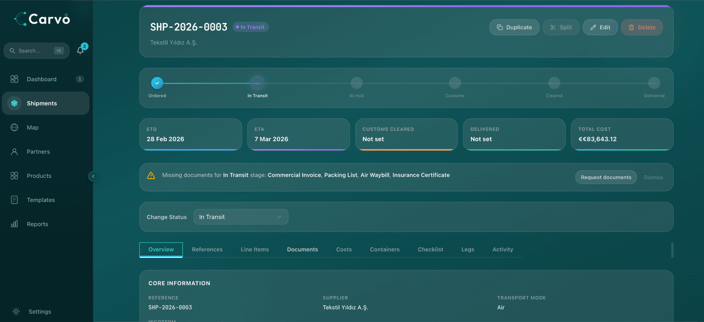 Shipment list with sortable columns, status filter pills and 13 shipments